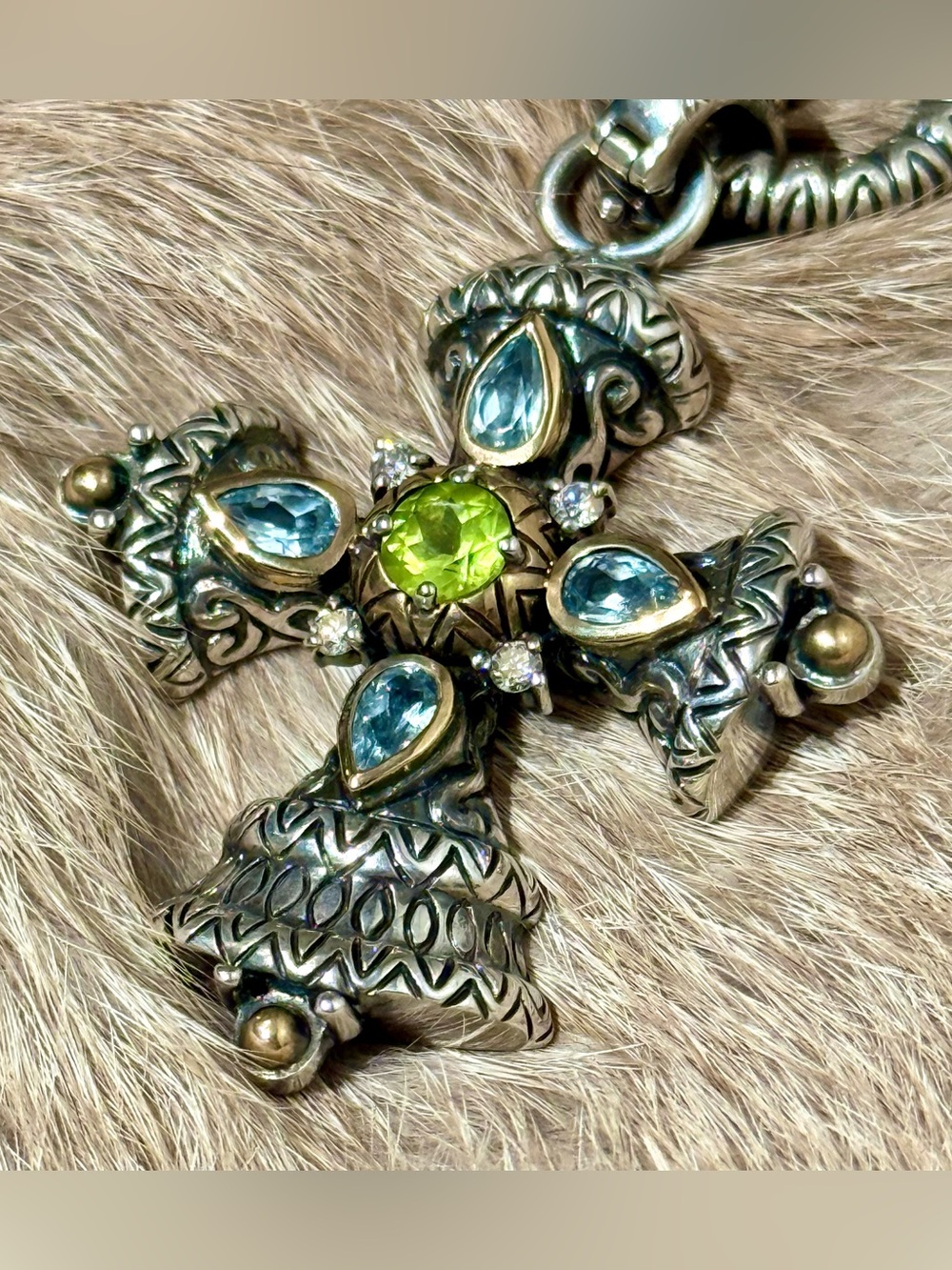 Barbara Bixby Sterling & 18k Yellow Gold w/Peridot & Blue Topaz Cross Necklace